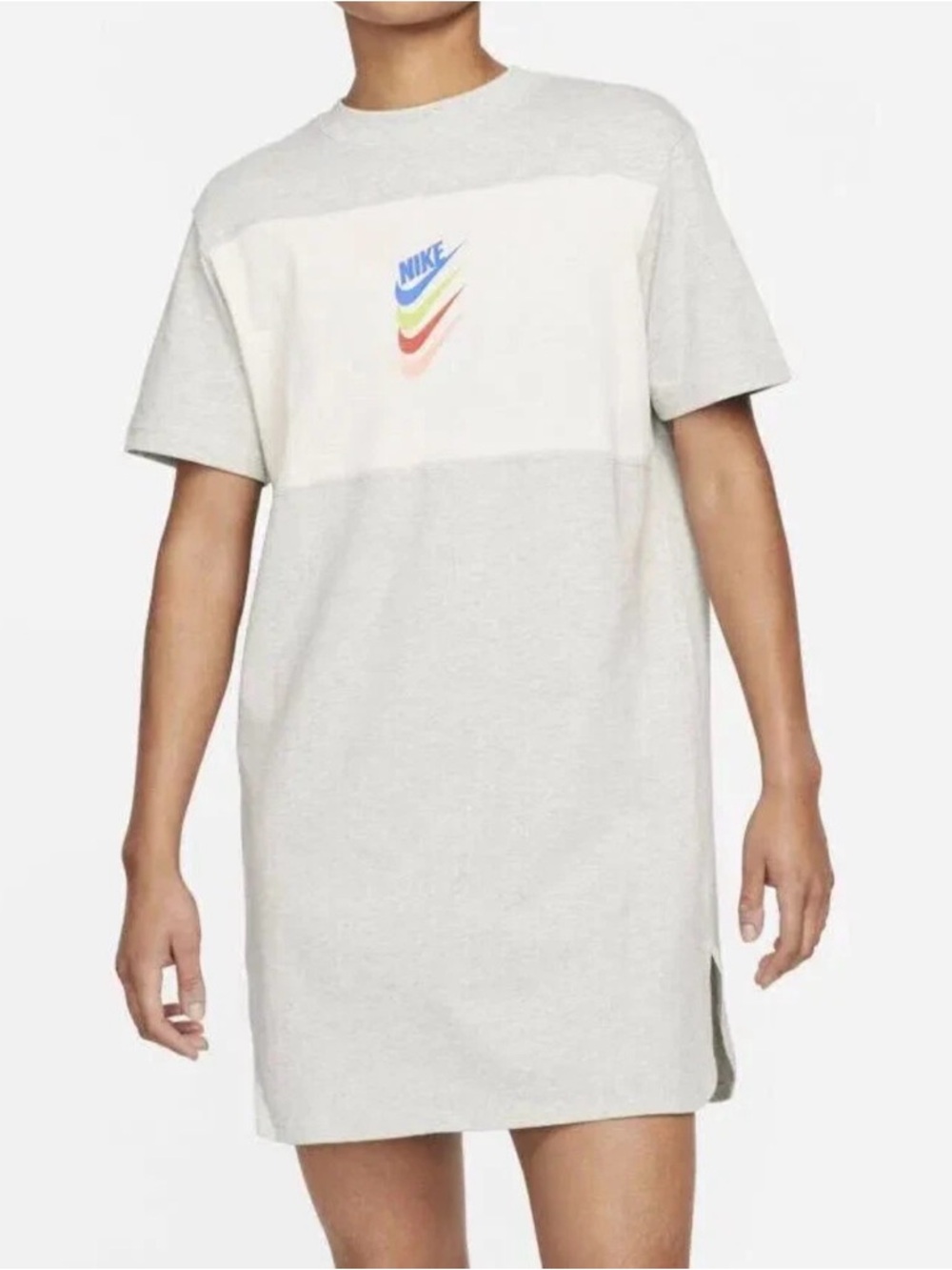 Nike Gray and Cream Short Sleeve T Shirt Dress With Multicolored Swoosh